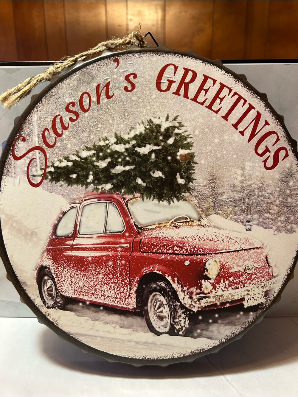 Season's Greetings Red Vintage Car Wall Sign - Holiday Home Decor